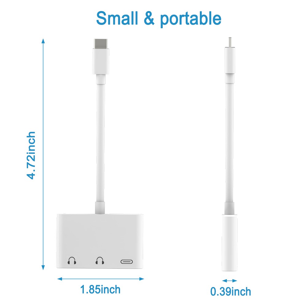 3-in-1 Splitter Type-C to Dual USB-C + 3.5 mm Audio Charger Adapter, Support PD Fast Charging