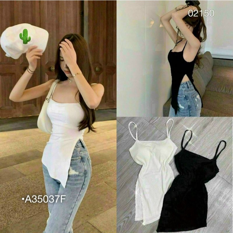 Áo Thun Nữ Ôm Body, Áo Kiểu 2 Dây Thun Gân Dáng Dài Xẻ Tà Có Cúp Ngực 2 Màu Đen/Trắng