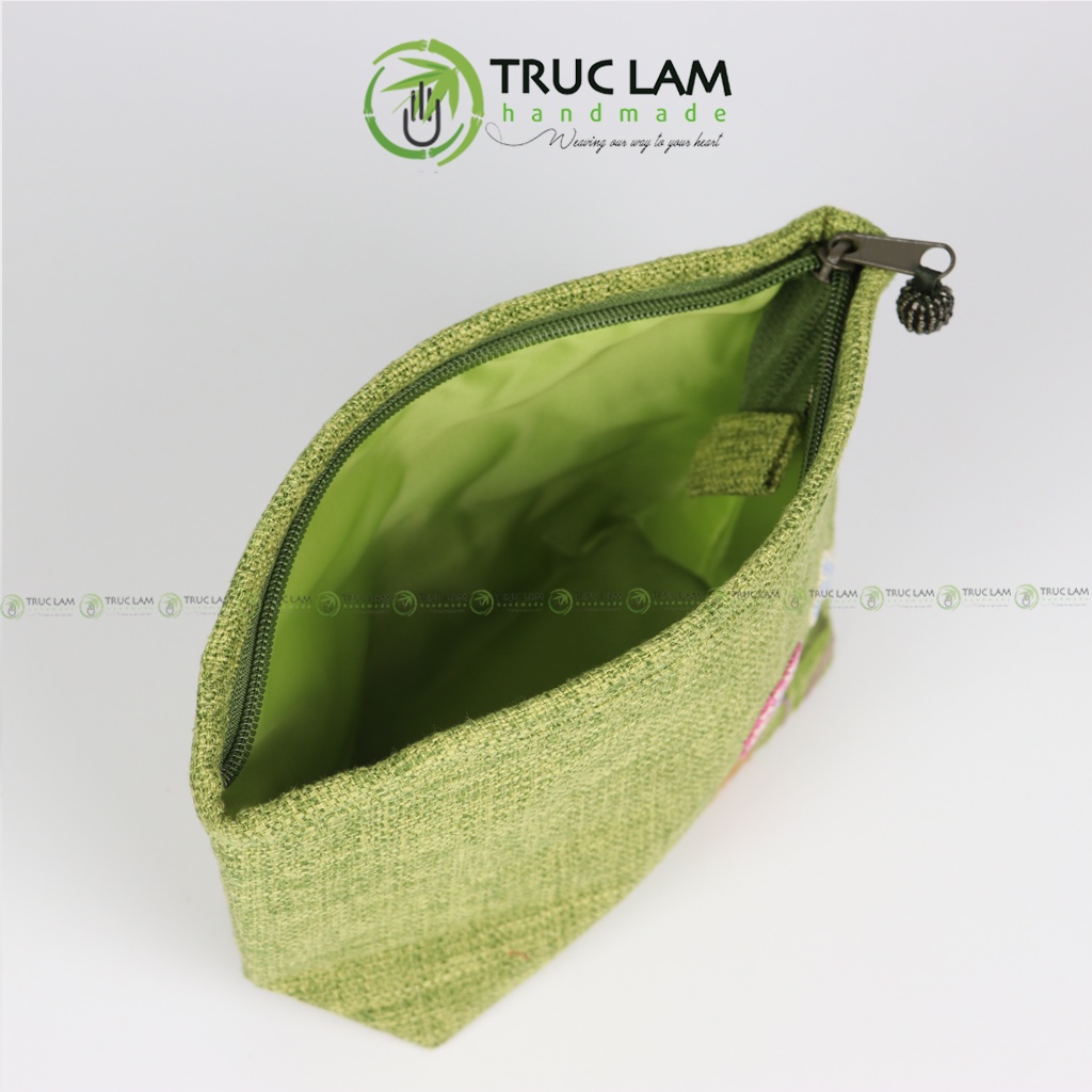 Ví Cầm Tay Nữ Vải Gai Họa Tiết Hoa Cỏ Sa Hạt Thêu Tay 2 Mặt - Trúc Lâm Handmade