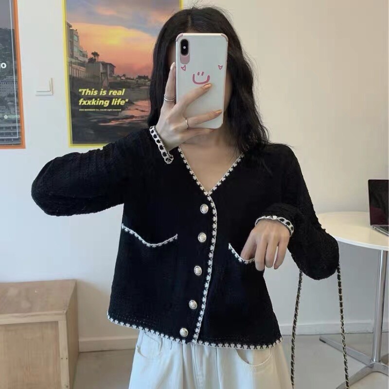 Áo cardigan dài tay cổ V crotop sơ mi dệt kim phối cúc cao cấp