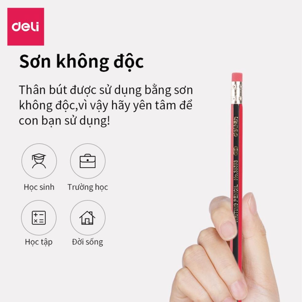 Vỉ 10 bút chì lục giác Deli 2B/HB kèm đầu tẩy - bút chì gỗ dễ gọt phù hợp với học sinh, dân văn phòng, an toàn khi dùng