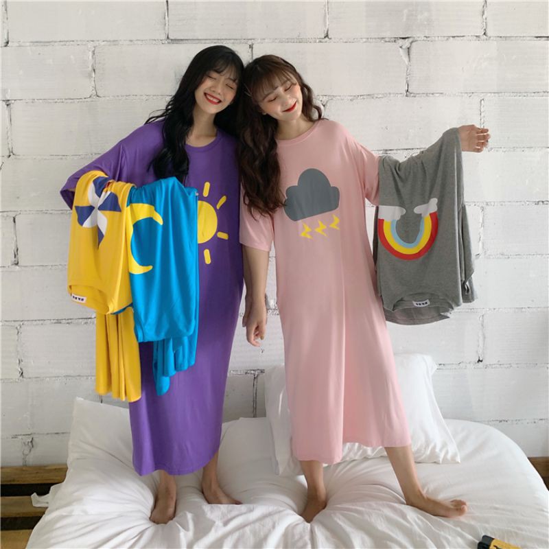 Đầm Ngủ Ngắn Tay Họa Tiết Hoạt Hình Đáng Yêu Cho Nữ