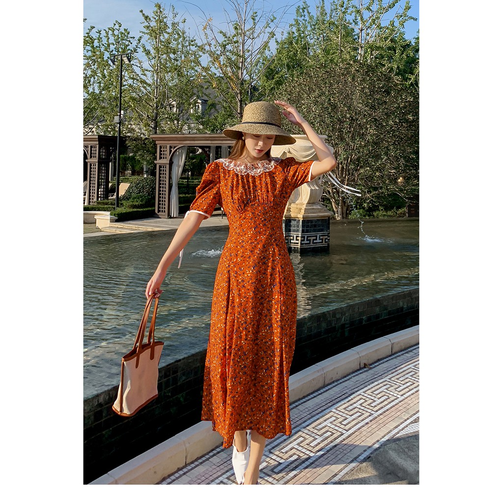 Váy đầm maxi hoa nhí vintage màu cam đất dáng xòe dài hở lưng đi biển nhẹ nhàng xinh đẹp giá rẻ