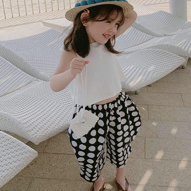 Set Áo Cộc Tay Chấm Bi + Quần Dài Ống Rộng Thời Trang Cho Bé Gái