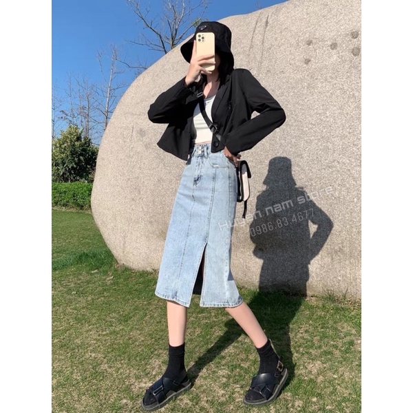 Chân váy bò dài hai khuy xẻ viền | BigBuy360 - bigbuy360.vn