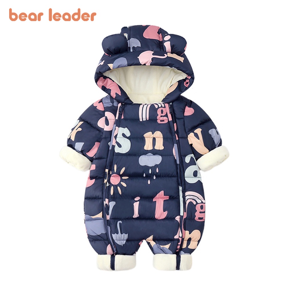 Áo liền quần BEAR LEADER vải cotton dày ấm áp in hoạt hình gấu thời trang mùa đông 2022 cho bé sơ sinh