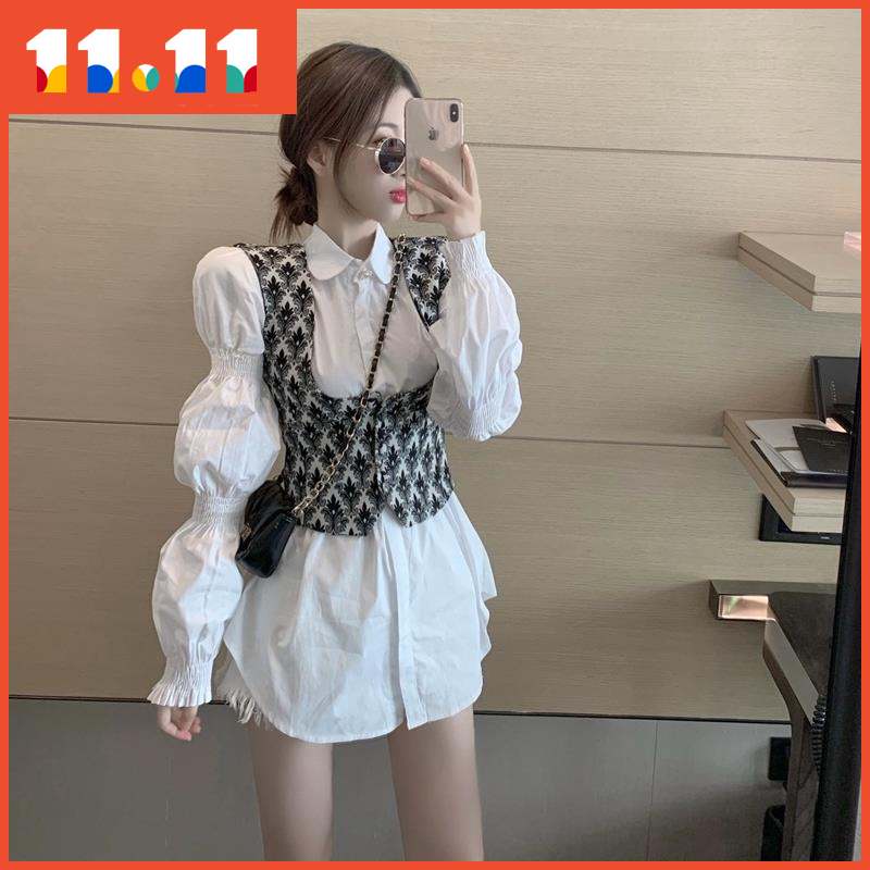 Set áo sơ mi tay dài và áo khoác ngoài thời trang nữ tính