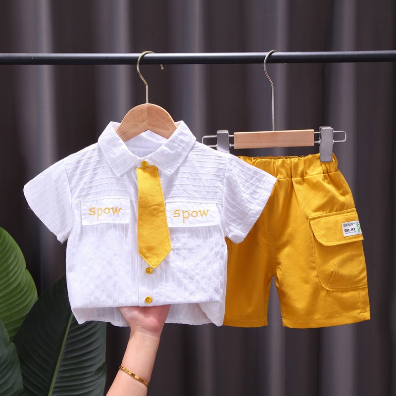 Bộ áo sơ mi ngắn tay + quần short màu vàng có cổ thời trang cho bé trai 5-7 tuổi
