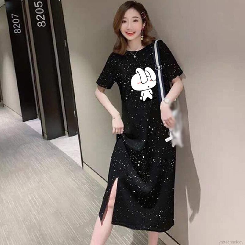 Korean Style Women Cartoon Print O-Neck Loose Casual T Shirt Dresses