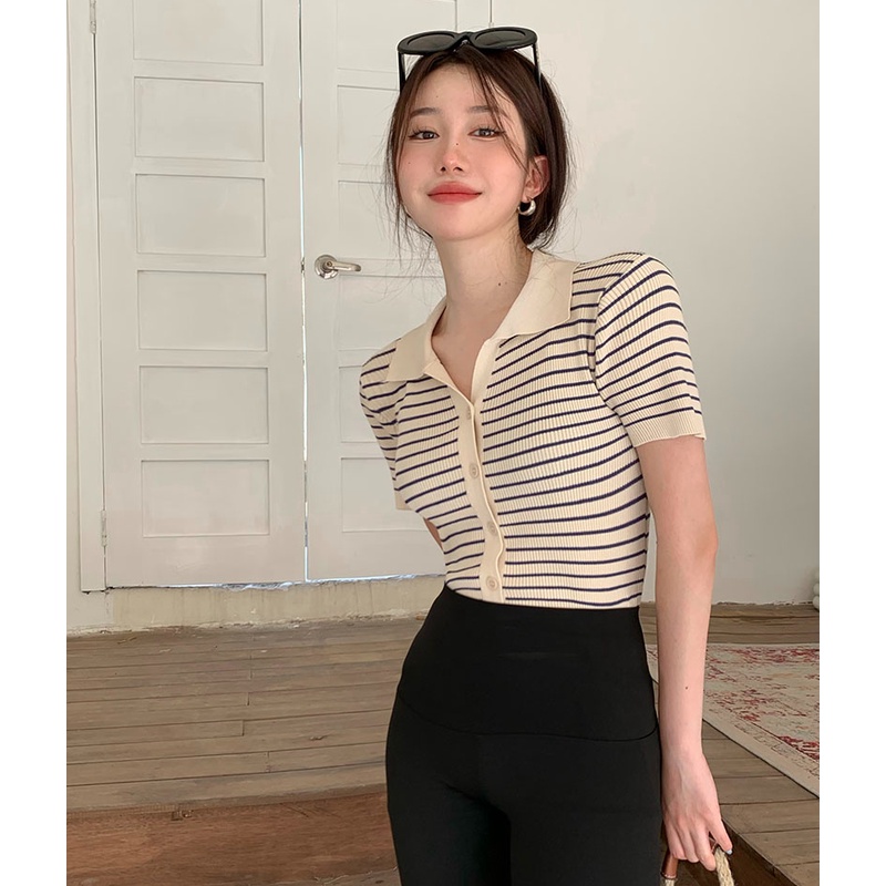 Áo polo QKOOLE tay ngắn họa tiết sọc thời trang cho nữ