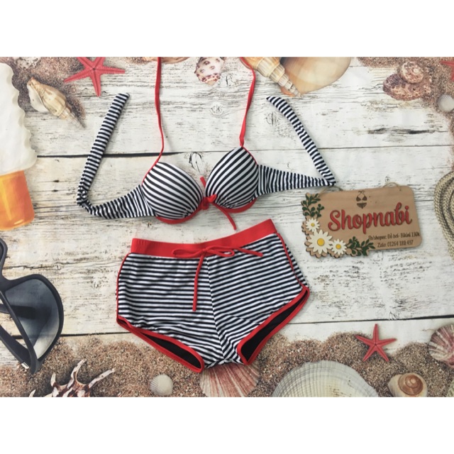 Đồ bơi bikini sọc viền đỏ mút dày nâng ngực