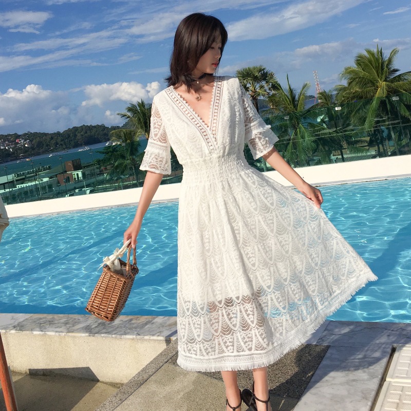 IELGY Đầm Ren Mỏng Tay Ngắn Cổ Chữ V Màu Trơn Thời Trang Dành Cho Nữ