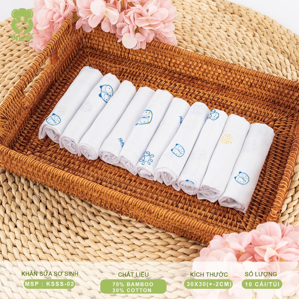 Túi 10 KHĂN SỮA SƠ SINH MIPBI DẠNG Ô VUÔNG NHỎ Chất liệu 70% bamboo +