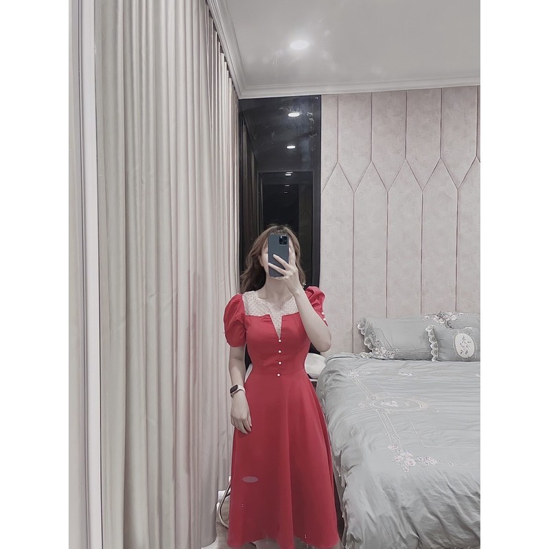 VNU277 - VÁY XOÈ CỔ HỞ V PHỐI LƯỚI CÚC NGỌC | BigBuy360 - bigbuy360.vn