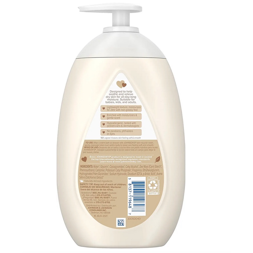 Dưỡng thể giữ ẩm da cho trẻ Johnson's Skin Nourish Moisturizing Baby Lotion with Vanilla & Oat Scents 500ml/800ml