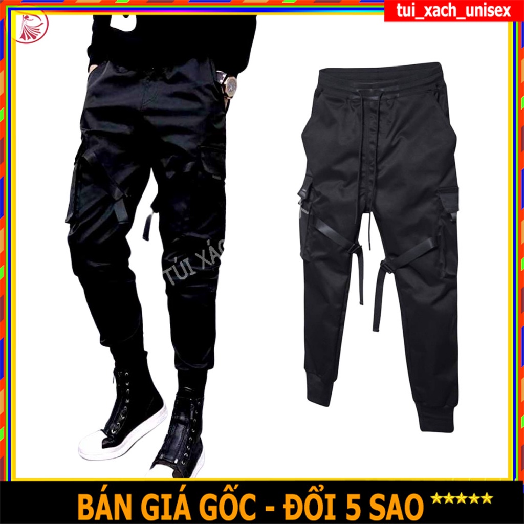 ❤️ BỎ SỈ ❤️ Quần Jocker Nam, Quần Kaki Nam Cao Cấp TÚI HỘP KIỂU JOGGER DÀI MÀU ĐEN PHỐI DÂY CHỐT500 M01