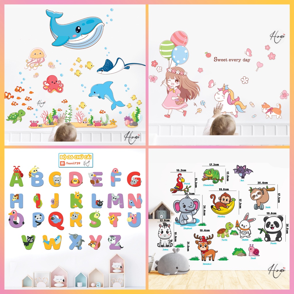 Decal dán tường cho Bé - Dán tường động vật, chữ cái, chữ số, thước đo chiều cao