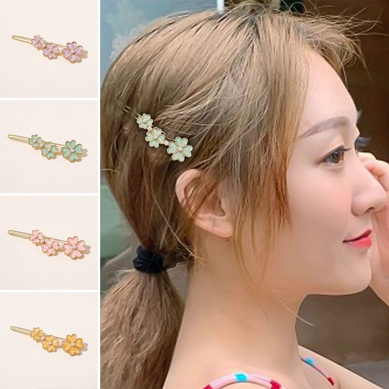 Kẹp Tóc Cỏ Bốn Lá Màu Kẹo Đính Ngọc Đính Ngọc Trai Phong Cách Cổ Điển