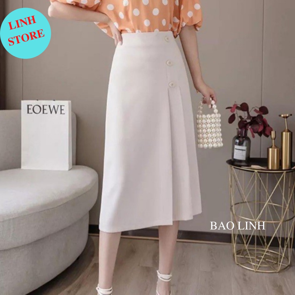 Chân Váy Dài Qua Gối Linh Store Phối Ba Cúc Chữ A Công Sở Chất Liệu Tuyết Mưa Hãng Vitex