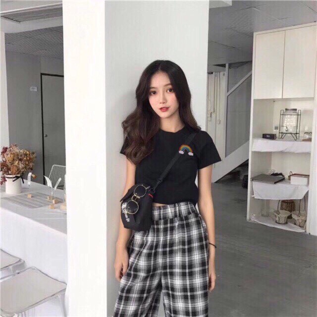 Áo croptop thêu hình cầu vồng thun lạnh mềm mịn 2 màu LIKANO CRT54