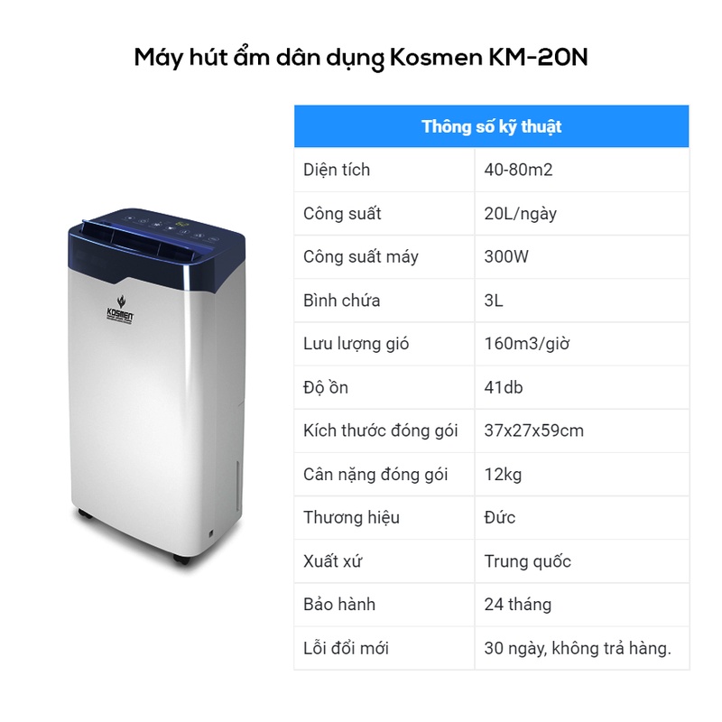 Máy hút ẩm, Máy hút ẩm dân dụng Kosmen KM-20N - Thương hiệu Đức - Bảo hành 24 tháng