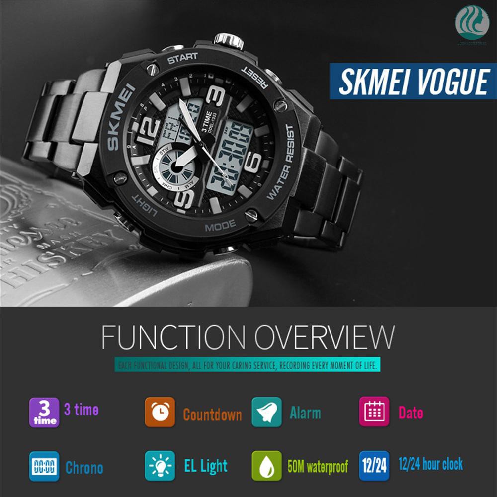 🌱SKMEI 1333 Men Quartz 3 Time Chrono Watches Countdown Analog Digital Display Wristwatch 5ATM Waterproof Fashion 