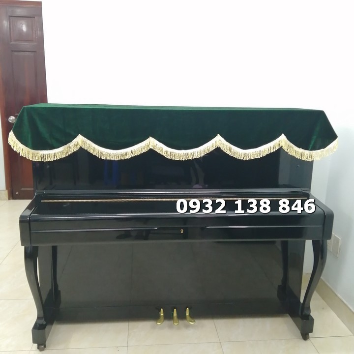 Khăn phủ đàn Piano nhung xanh rêu tua rua vàng óng sang trọng