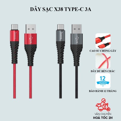 Dây sạc android Hoco X38 Type-C 3A bọc dù chống gãy gập dành cho Samsung, Oppo, Huawei, Realme... dài 1 mét