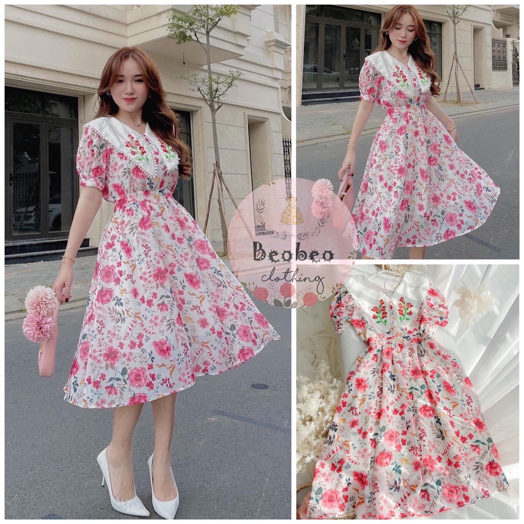 Đầm midi voan hoa hồng cổ sen thêu vintage