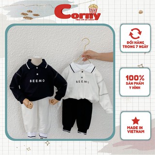 Bộ nỉ da cá dài tay cho bé trai, bé gái cổ polo dài tay 2 màu đen trắng Corny 21B099