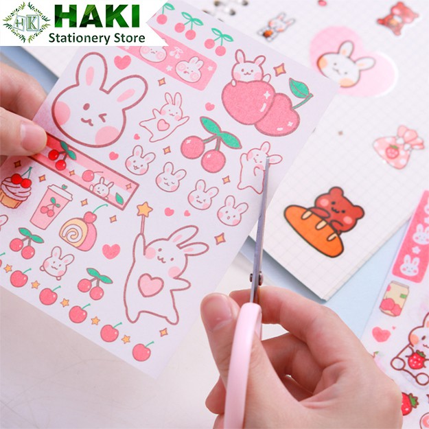 Sticker cute thỏ gấu HAKI, hình dán cute 4 tấm sticker trang trí sổ đáng yêu dễ thương giá rẻ ST22