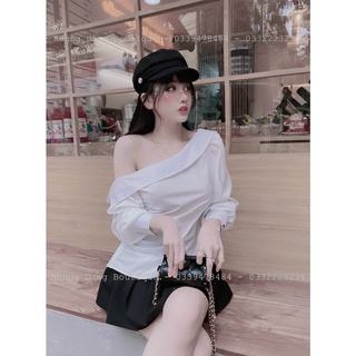 ✨BÁN SỈ✨Áo trắng lệch vai rút dây eo dài tay chất thô lụa