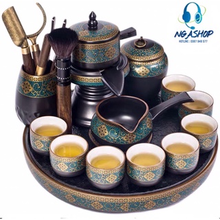 Combo - Khay + Bộ ấm chén pha trà đẹp cối xay gốm sứ cao cấp,Bộ chén uống trà đạo 18 chi tiết hoa cẩm xanh -MK2