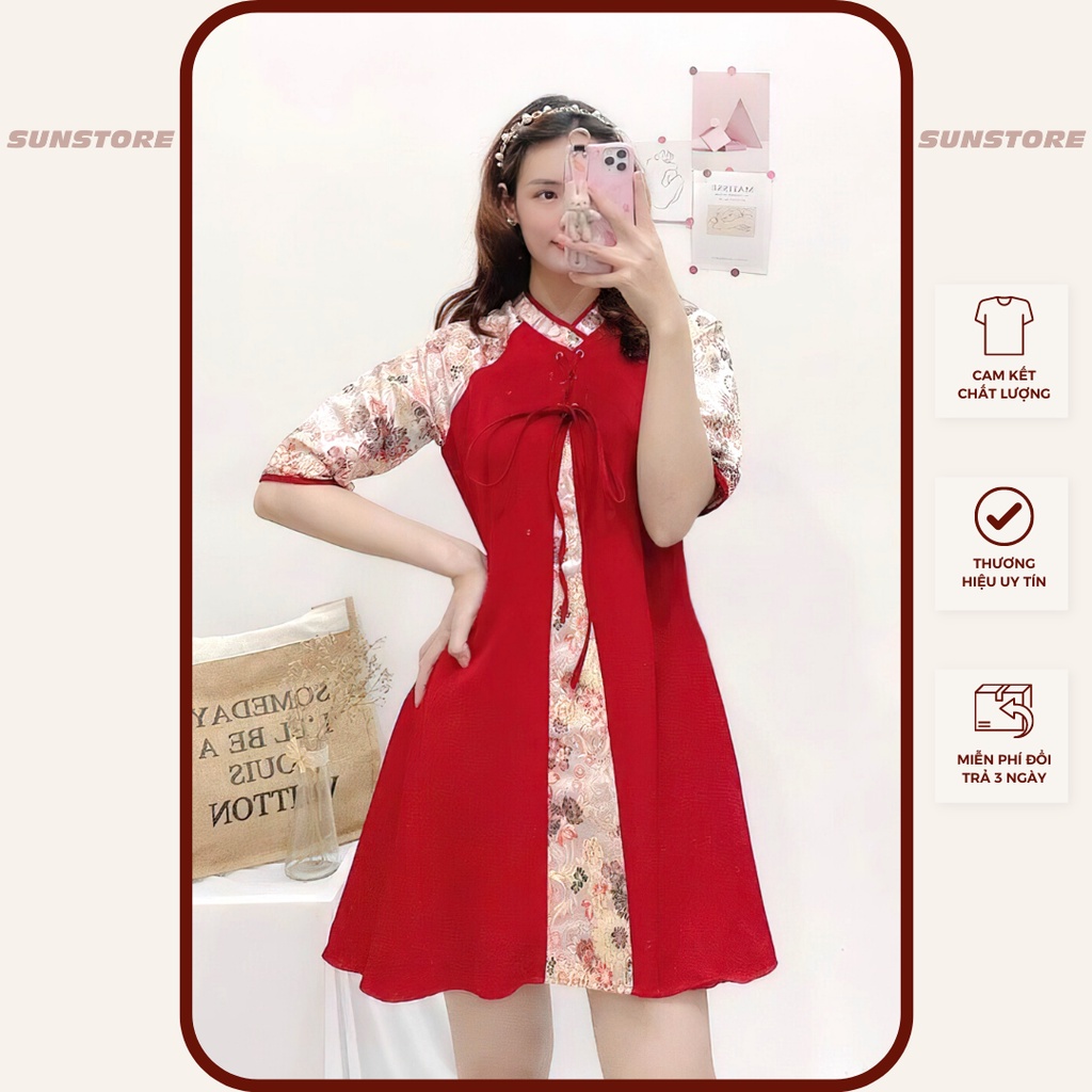 Đầm xoè dáng ngắn mini tay ngắn gấm tết thắt dây ngực 2 màu hồng và đỏ