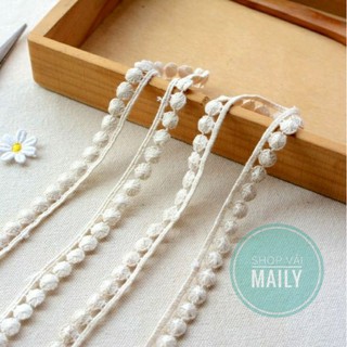 Dây vải ren chỉ Trắng, bản nhỏ 1cm, họa tiết tròn, dùng quần áo, phụ kiện thời trang