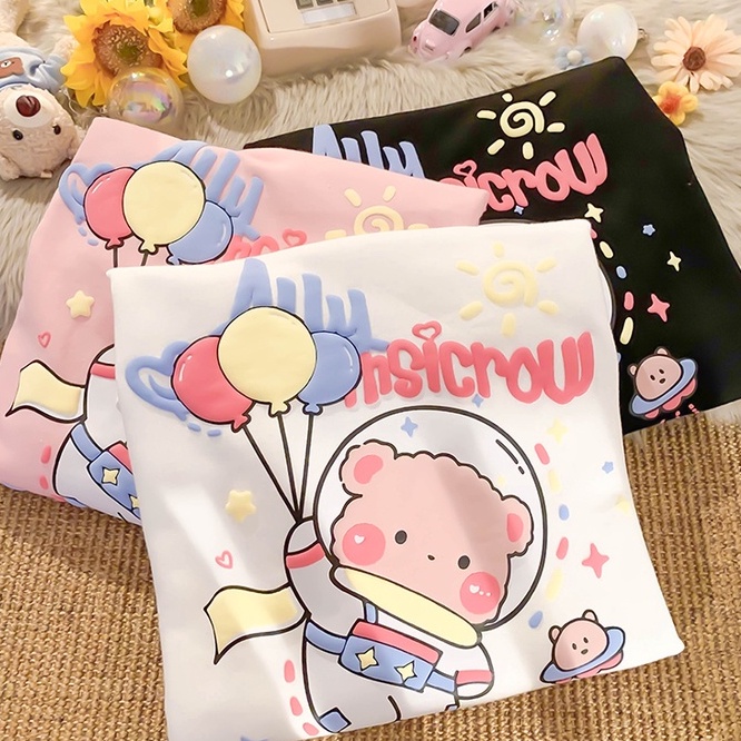 【ZHELIHANGFEI】Áo Thun Tay Dài Dáng Rộng In Hình Gấu Phi Hành Gia Dễ Phối Đồ