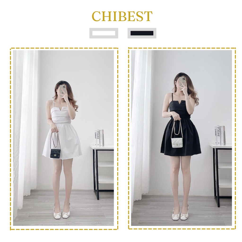 Đầm 2 dây dáng xòe xếp ly kate 2 dây tùng phồng ly ngực CHIBEST ADB65