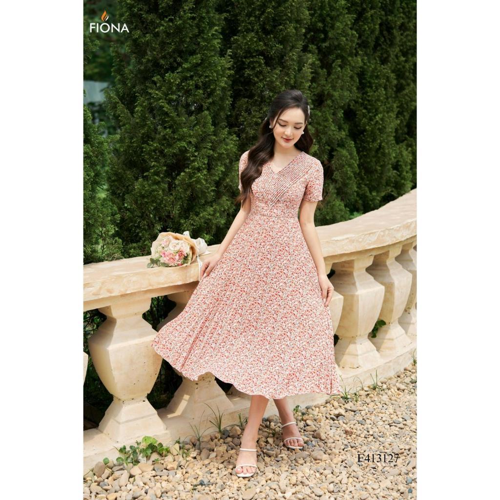 Đầm thiết kế cao cấp FIONA váy công sở nữ dáng dài họa tiết hoa nhí dáng xòe cổ tim F413127