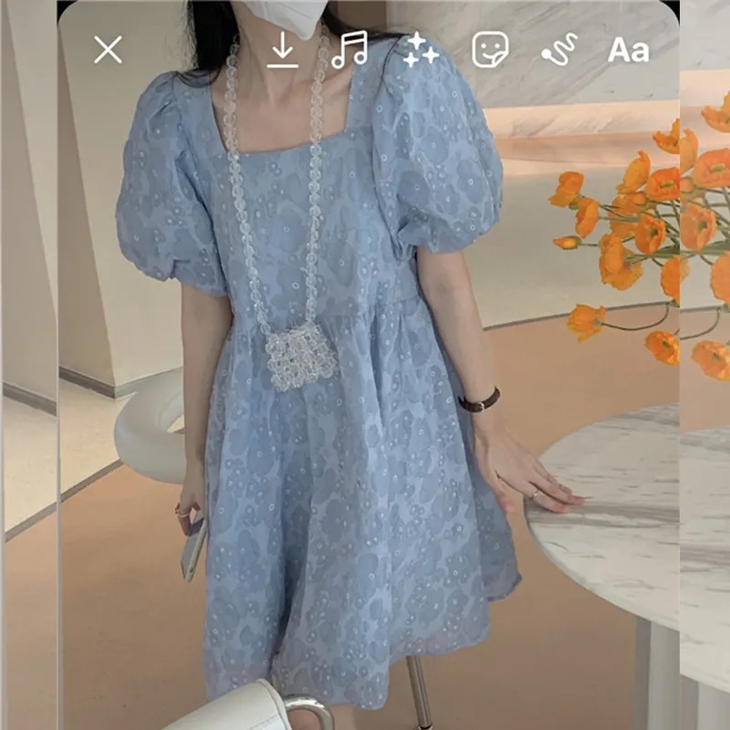 [MURIOKI] Đầm Chiffon Chữ A Cổ Vuông Tay Phồng In Họa Tiết Phong Cách Hàn Quốc Thời Trang Quyến Rũ Cho Nữ