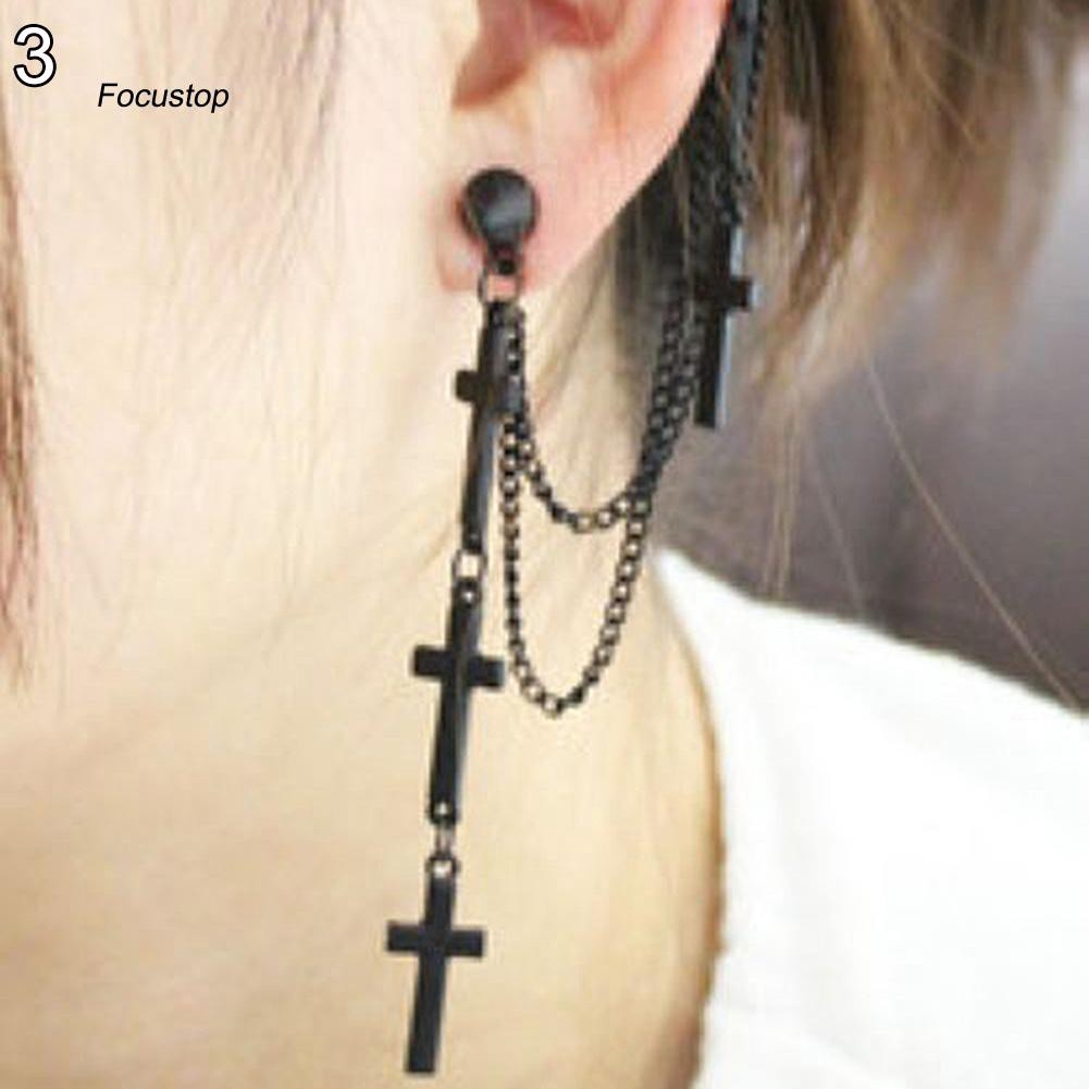 Đôi bông tai dáng dài kiểu dây xích gắn hình cây thánh giá phong cách punk cho nữ