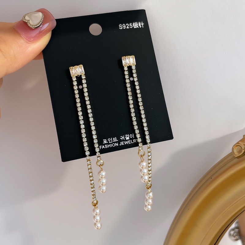 Bông Tai Mạ Bạc 925 Dáng Dài Đính Đá Phối Tua Rua Kiểu Hàn Quốc