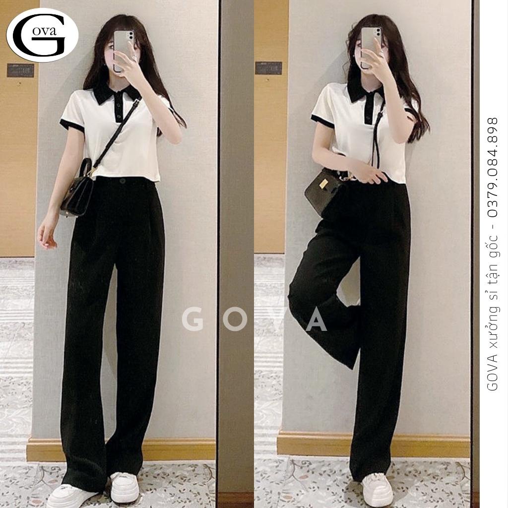 Áo Croptop CỔ POLO PHỐI Màu Đen Trắng Nữ, Áo Cổ Bẻ Tay Ngắn Đẹp GOVA