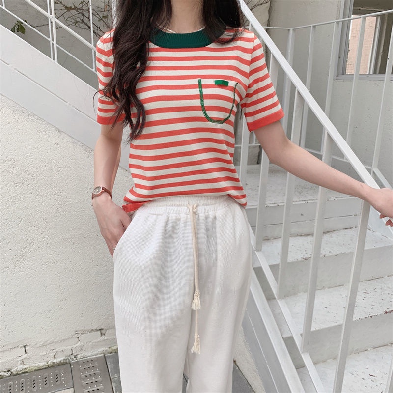 Áo Sweater Dệt Kim Phối Màu Tương Phản Có Túi Nhỏ Họa Tiết Kẻ Sọc Màu Tương Phản Phong Cách Hàn Quốc Mới