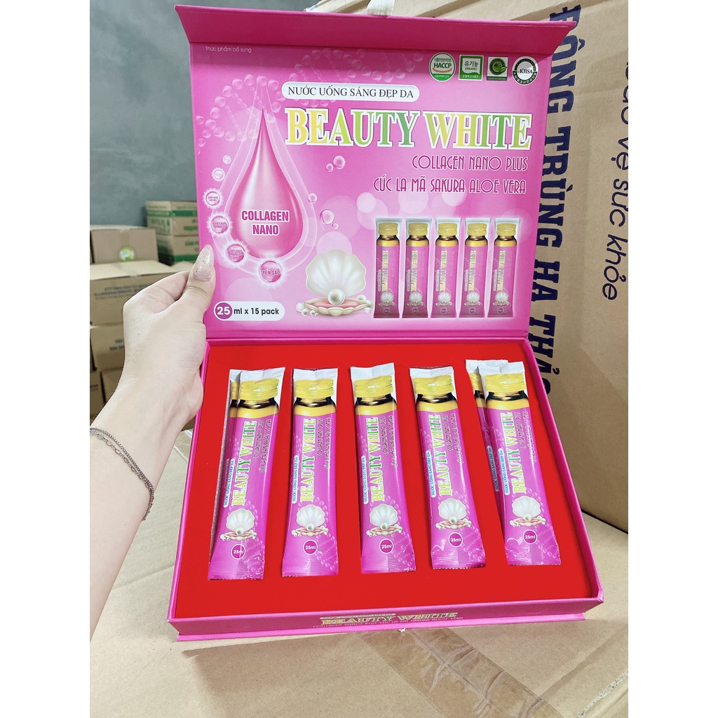 Nước uống sáng đẹp da Beauty White Collagen Nano Plus Cúc La Mã Sakura Aloe Vera (hộp 15 túi nước )
