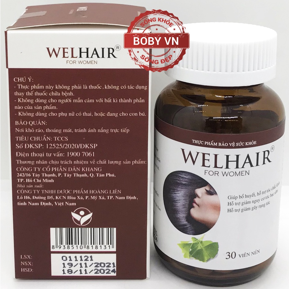 Welhair For Women - Giảm gãy rụng và bạc tóc - Bổ huyết  - 30 viên nén - Boby - Welhair For Women