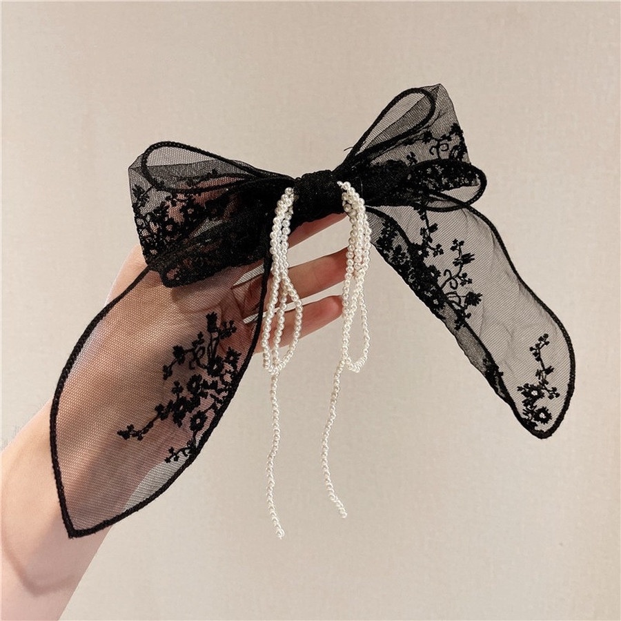 Kẹp tóc đính ngọc trai nhân tạo hình nơ hợp thời trang cho nữ