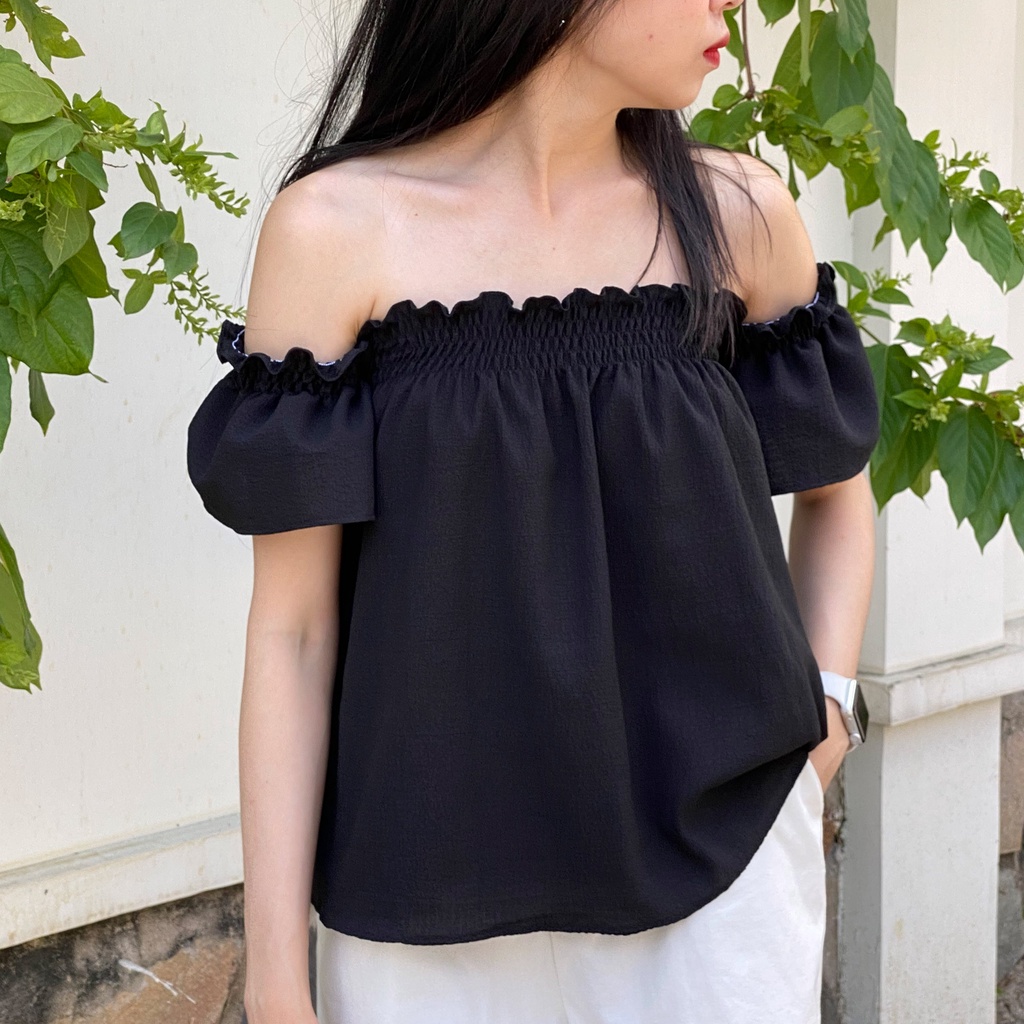 Áo Trễ Vai Bẹt Vai Tay Bồng Tay Phồng Đen Clothing  Công Sở Đi Chơi Siêu Xinh