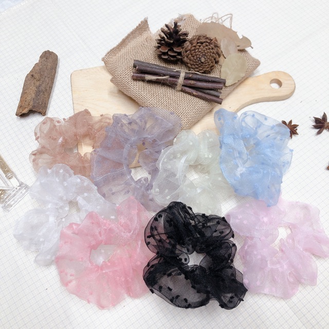 Dây Cột Tóc Scrunchies Cột Vải Voan Cát Hàn Mỏng Trong Suốt Đính Bông Tuyết Bồng Bềnh [PKT00095]