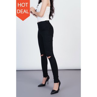 Quần jean nữ lưng cao skinny đen rách gối lớn ống dài 7CELEB