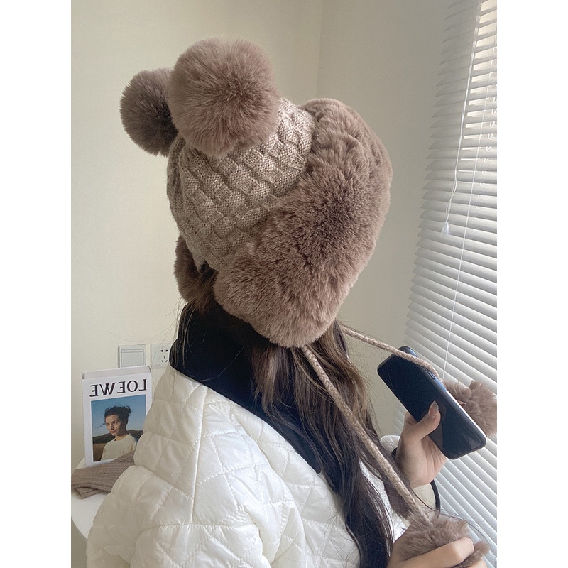 Mũ Len Dày Dặn Giữ Ấm Tai Đính Quả Bông Dễ Thương Thời Trang Thu Đông Nhật Bản
